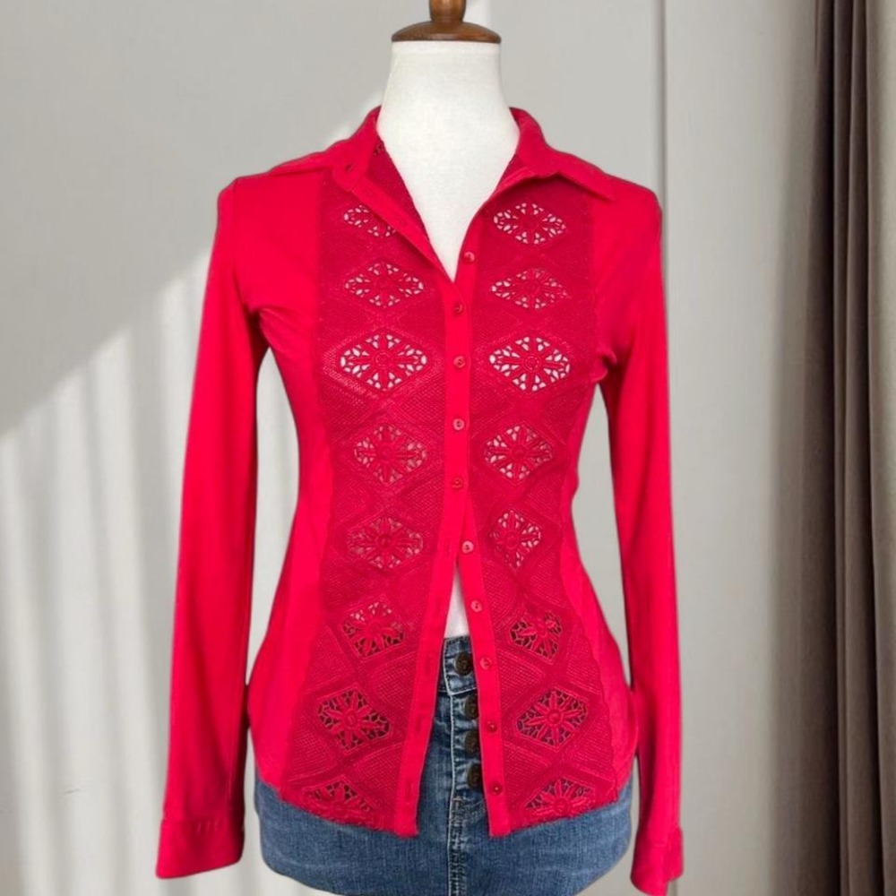 Anne Fontaine Paris Naelia Pink Lace Front Button Down Long Sleeve Blouse Sz 38